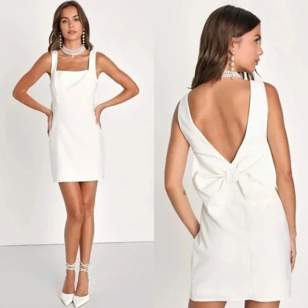 Elegant White Square-Neck Bow Back Mini Dress